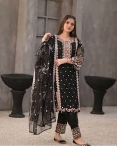 3 Pic Woman's Stitched Organza Embroidered Suit