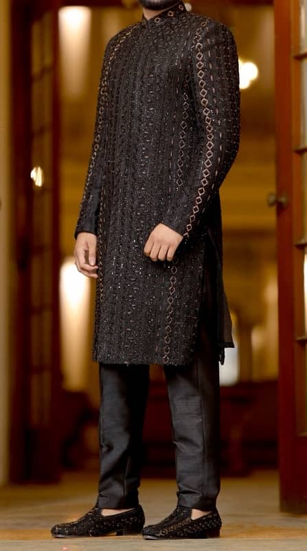 Libas-E-Khaas Designer Black Sherwani with heavy Embroided Brass Work 4