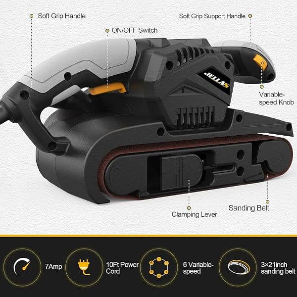 Jellas 7Amp Belt Sander 3 × 21-Inch with Dust Bag, Bench Sander 1