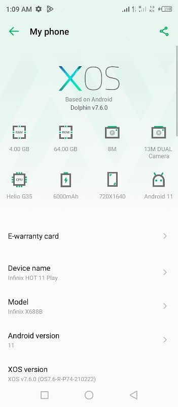 Infinix hot 11 play 4 gb 64 gb with box no charger 6000 mAh battery 3