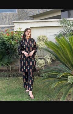 2 Pcs Women's Stitched Linen Printed Suit