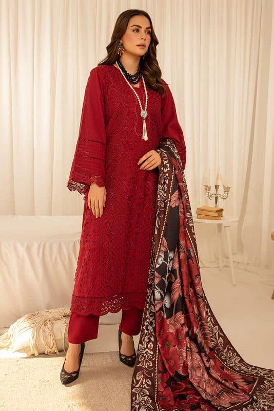 "3 pcs women’s suit, dhanak," "khadder," "printed," and "embroidered. " 3