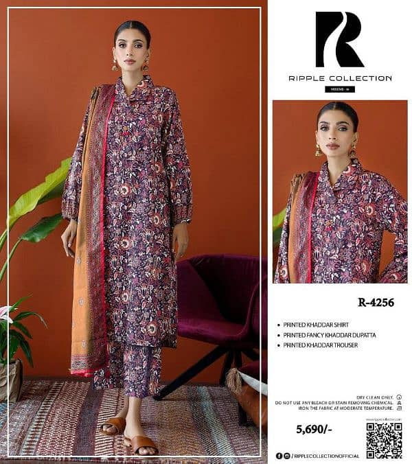 "3 pcs women’s suit, dhanak," "khadder," "printed," and "embroidered. " 4