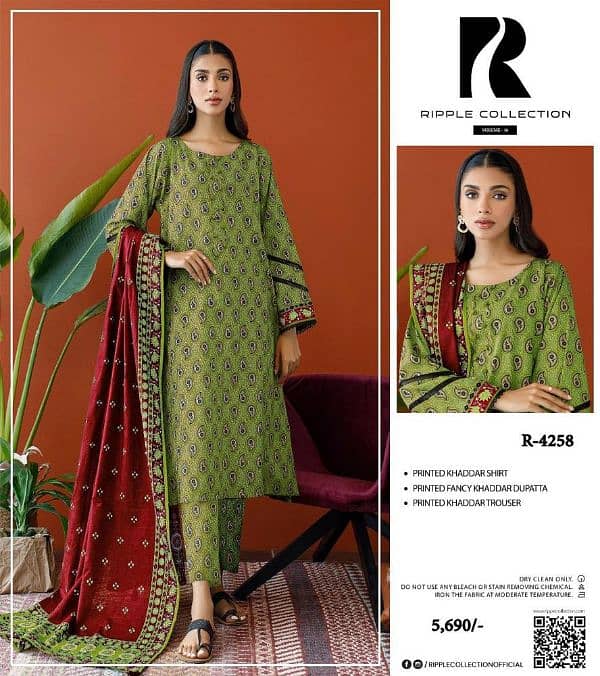 "3 pcs women’s suit, dhanak," "khadder," "printed," and "embroidered. " 5