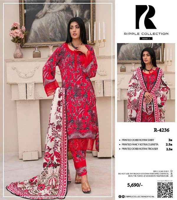 "3 pcs women’s suit, dhanak," "khadder," "printed," and "embroidered. " 7