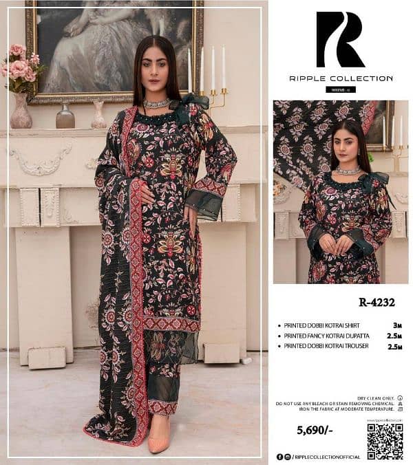 "3 pcs women’s suit, dhanak," "khadder," "printed," and "embroidered. " 8