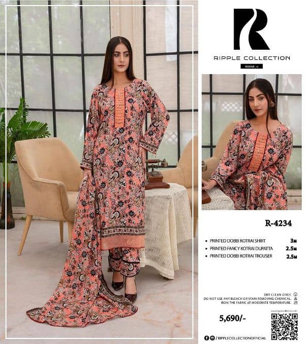 "3 pcs women’s suit, dhanak," "khadder," "printed," and "embroidered. " 10