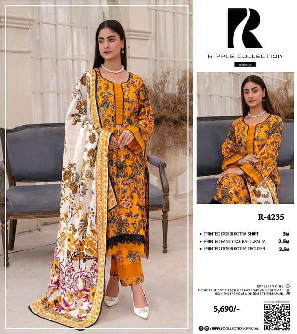 "3 pcs women’s suit, dhanak," "khadder," "printed," and "embroidered. " 11