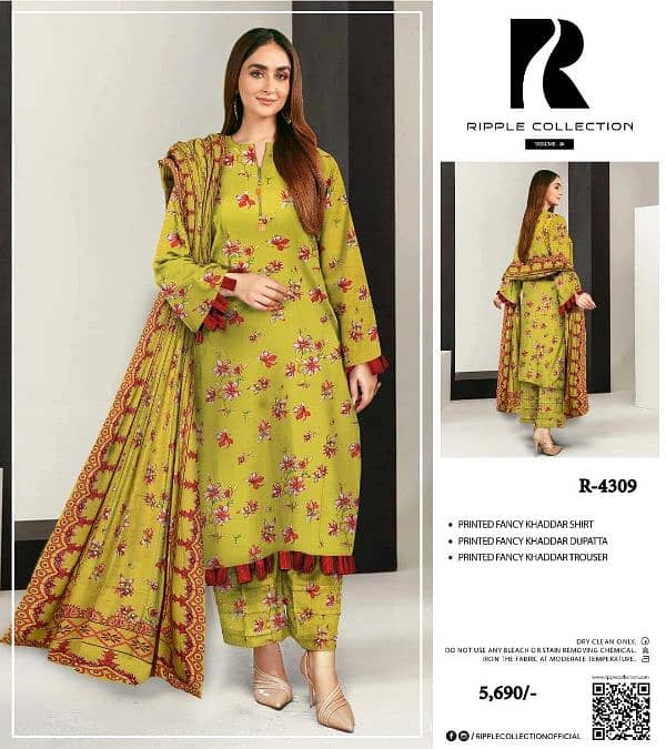 "3 pcs women’s suit, dhanak," "khadder," "printed," and "embroidered. " 12