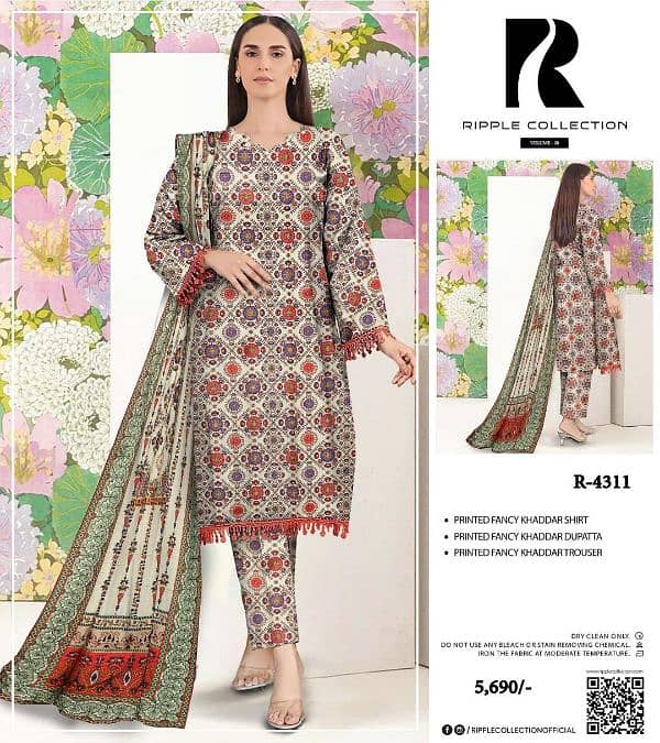 "3 pcs women’s suit, dhanak," "khadder," "printed," and "embroidered. " 13