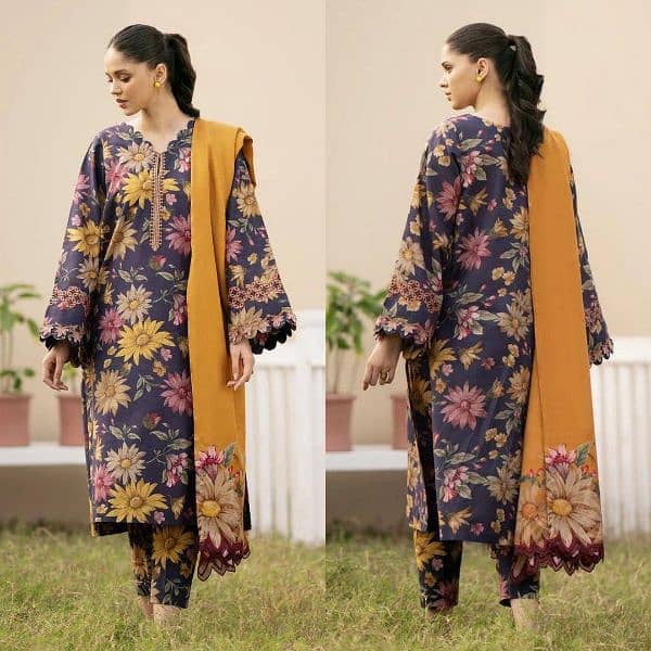 "3 pcs women’s suit, dhanak," "khadder," "printed," and "embroidered. " 14