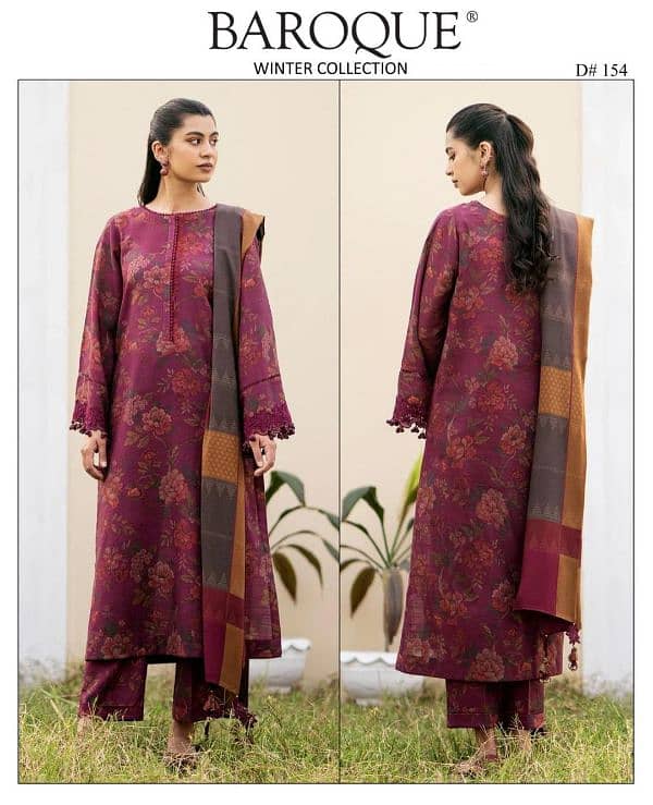 "3 pcs women’s suit, dhanak," "khadder," "printed," and "embroidered. " 15