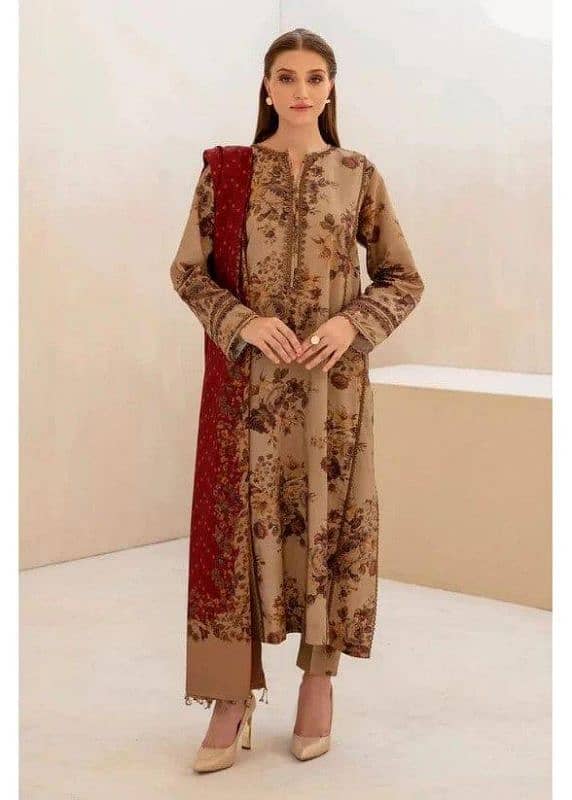 "3 pcs women’s suit, dhanak," "khadder," "printed," and "embroidered. " 16