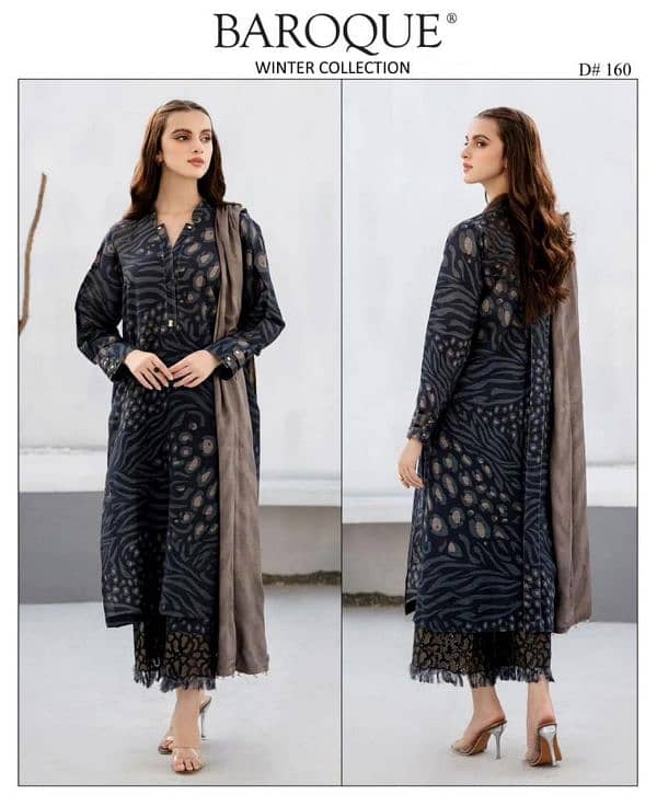 "3 pcs women’s suit, dhanak," "khadder," "printed," and "embroidered. " 18