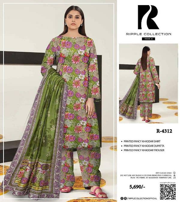 "3 pcs women’s suit, dhanak," "khadder," "printed," and "embroidered. " 19