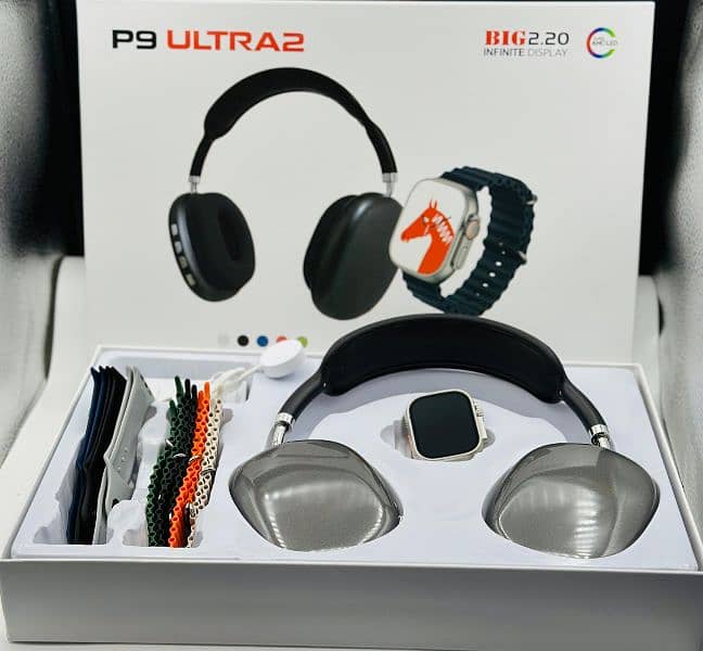 P9 Ultra 2 Smartwatch + P9 Pro Max Headphones Combo, 7 Straps" 1