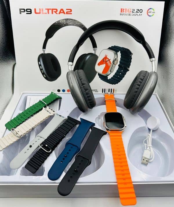 P9 Ultra 2 Smartwatch + P9 Pro Max Headphones Combo, 7 Straps" 2