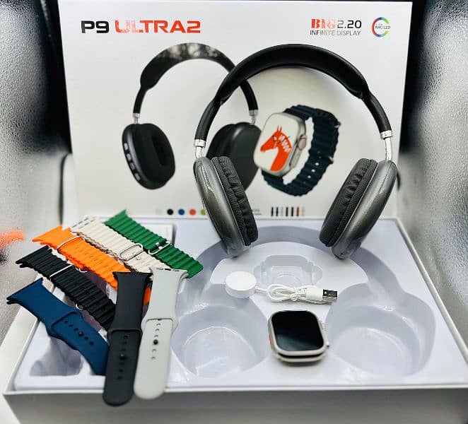 P9 Ultra 2 Smartwatch + P9 Pro Max Headphones Combo, 7 Straps" 3