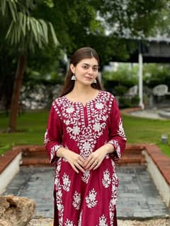 2 Pcs Women's Stitched Cotton Embroidered Shirt And Trouser 0