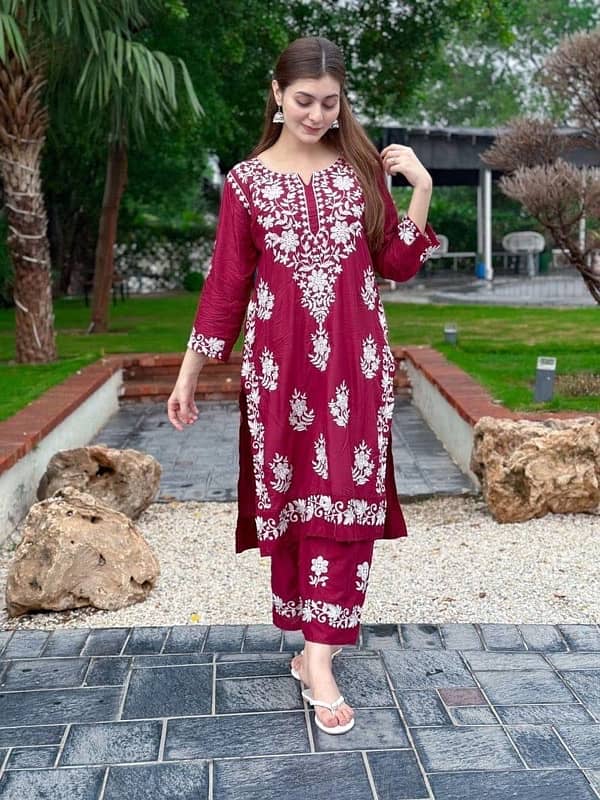 2 Pcs Women's Stitched Cotton Embroidered Shirt And Trouser 2