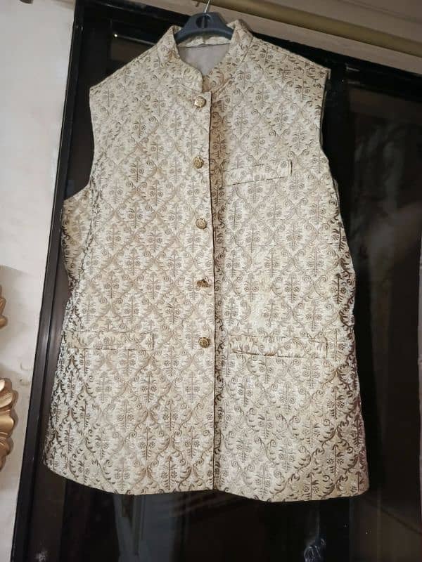 Groom Waist Coat with Heavy Embroidery in Light Golden Colour 3