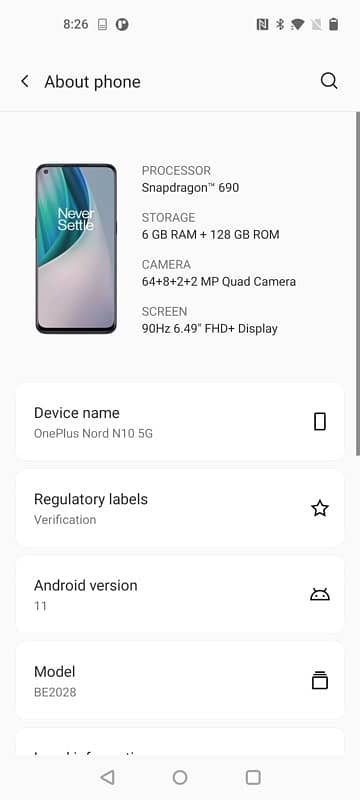 One Plus Nord N10 6GB + 128GB Single Sim Approved 5