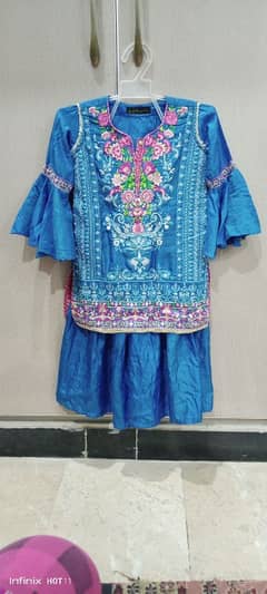 blue embrioded katan silk kurti and sharara