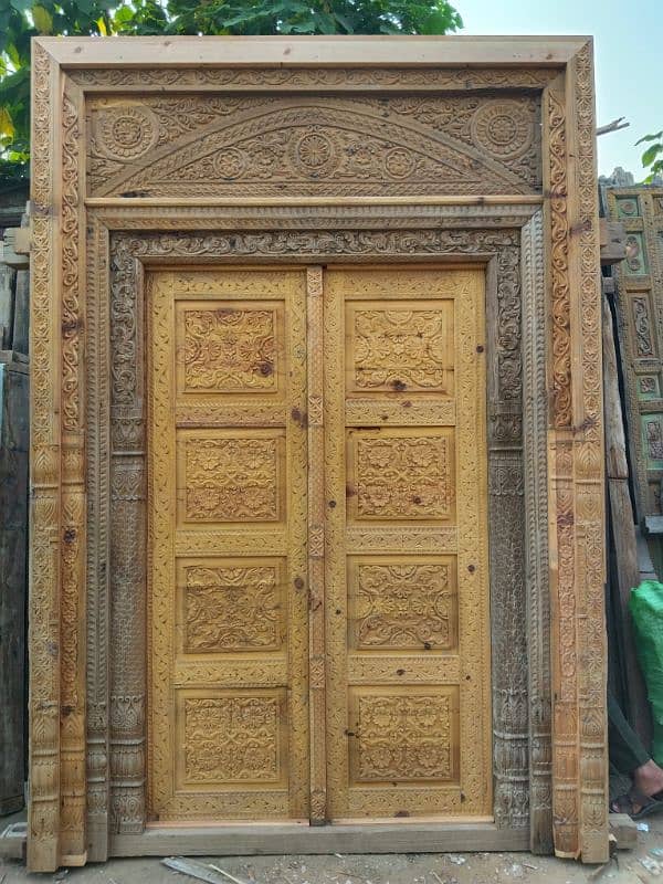 main itnrance solid wooden door & two windows in antique old design 0