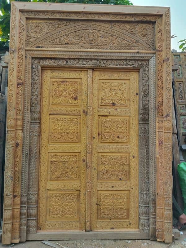 main itnrance solid wooden door & two windows in antique old design 1