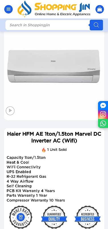 Haier ac 1.5 Ton Heat And cool wifi Hfm series 1