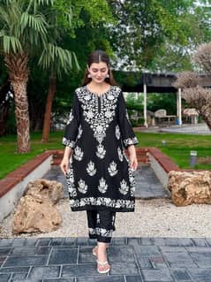 2 Pcs Women's Stitched linen Chikankari Shirts And Trouser