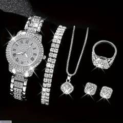 women diamond artificial set -roman watch -silver