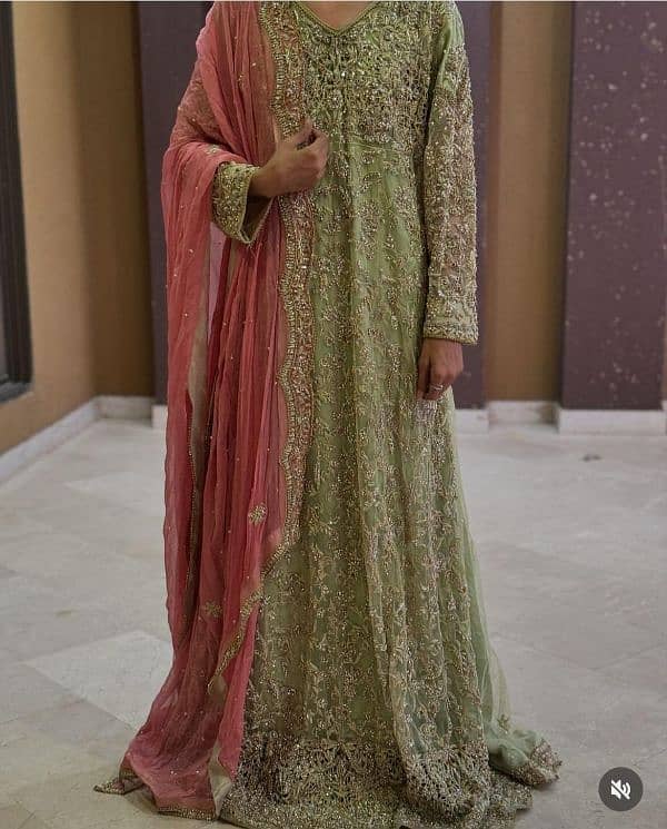 Green walima maxi with pink dupatta 3