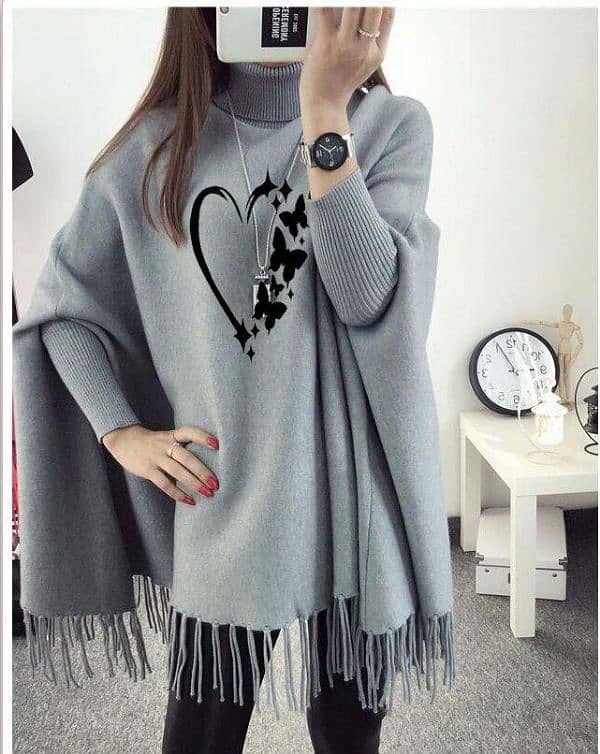 women polister heart printed ponho cape shawl 1