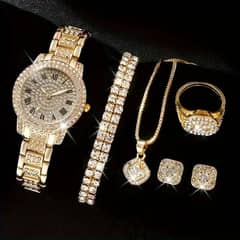 Women's Diamond Artificial Set _Roman Watch _Gold