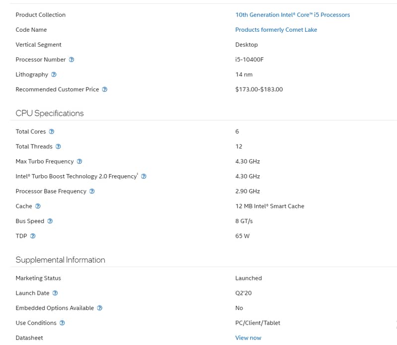 Intel® Core™ i5-10400F Processor 12M Cache, up to 4.30 GHz 1