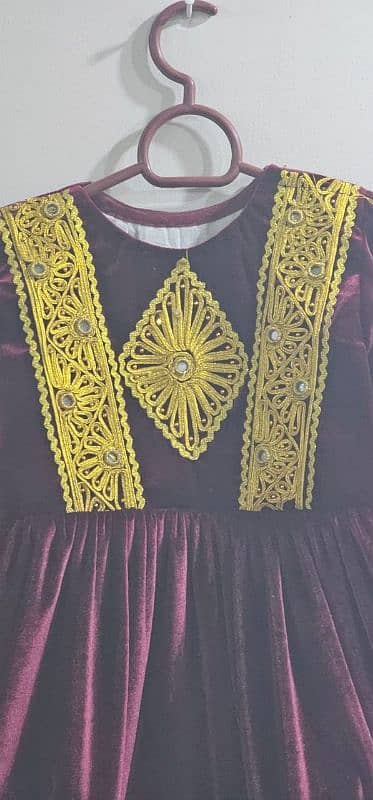 Maroon Velvet dress with golden lace work on it 3