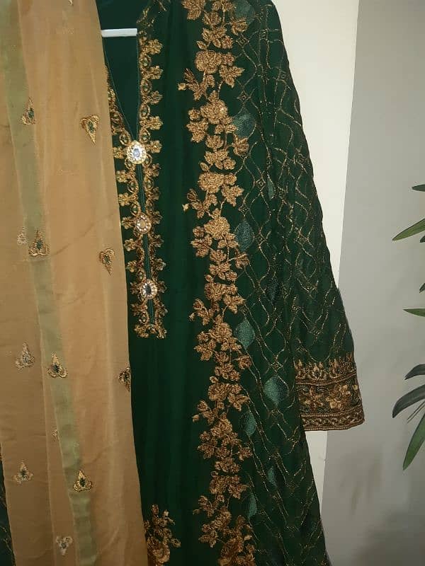 festive embroidered green chiffon three piece dress with golden embrdy 0