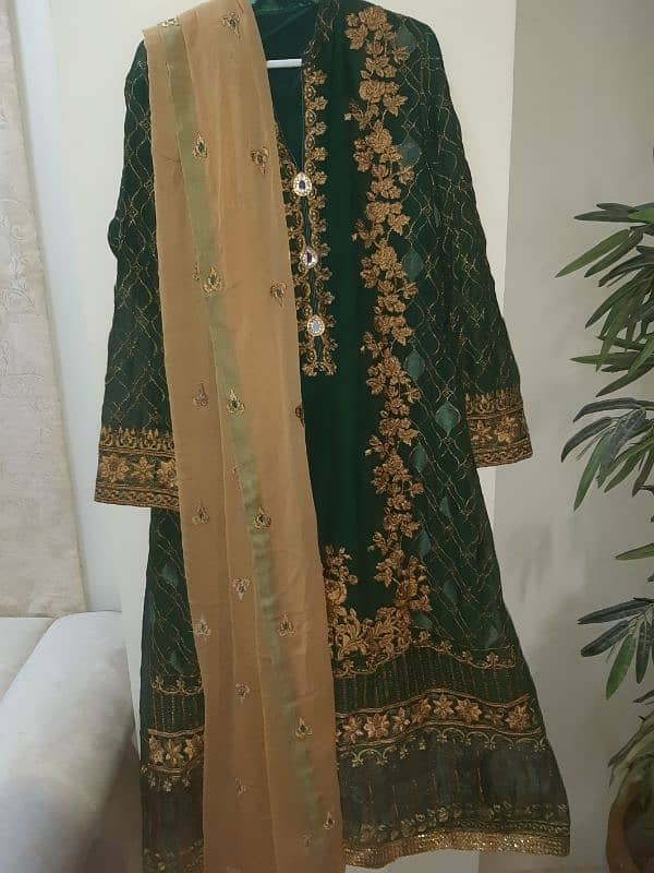 festive embroidered green chiffon three piece dress with golden embrdy 1