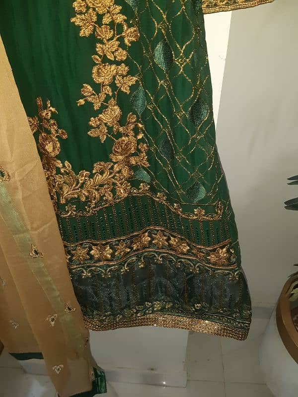 festive embroidered green chiffon three piece dress with golden embrdy 3