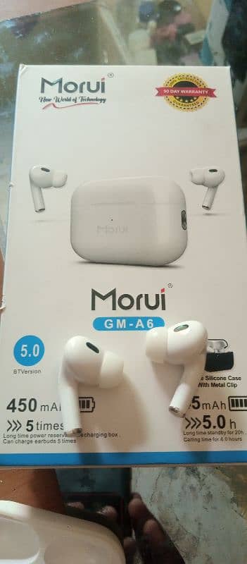 morui air pods for sale only 2 day used with full box and deta cable 1