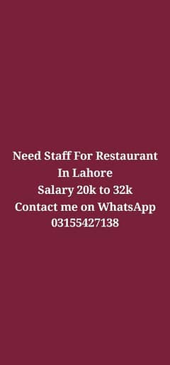 Need Staff For Restaurant In Lahore