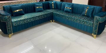 L shape sofa aqua green