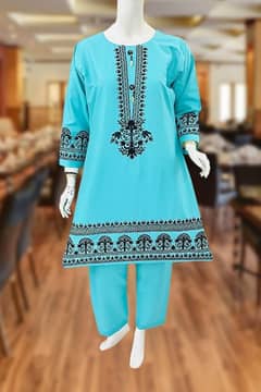 2 Pcs women,s stitched Linen chickenkari Eboiddered frock and trouser