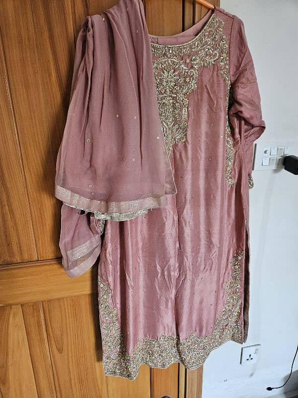 Raw Silk Tea Pink 3 Piece Suit full Gota Work 0