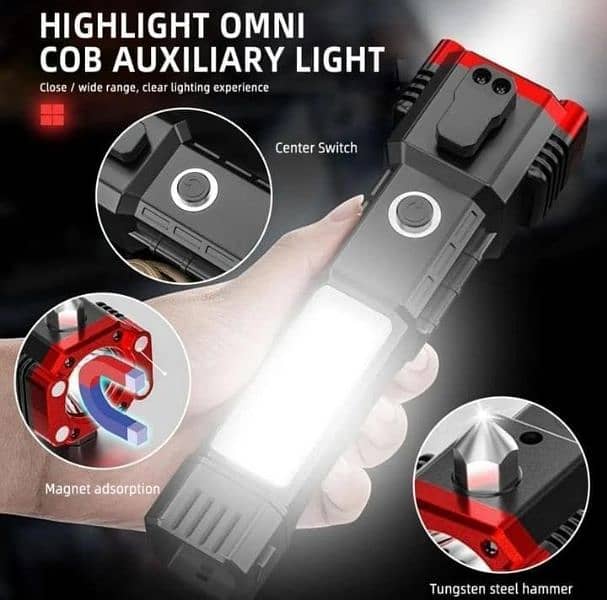 USB Charging LED Flash Light With Safety Hammer 1