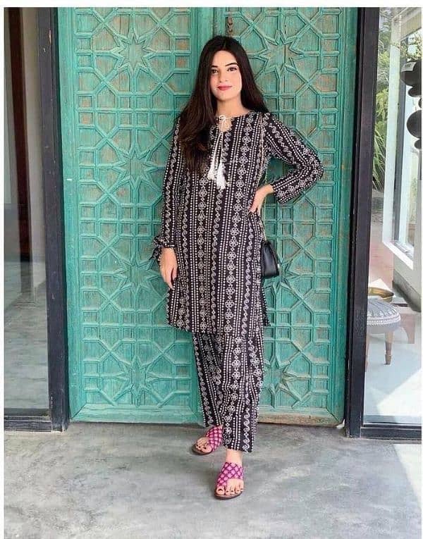 2 Pcs Women's Stitched Linen Block Printed Shirt And Trouser 0