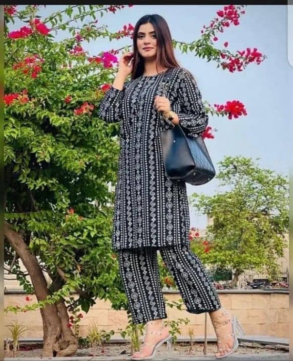 2 Pcs Women's Stitched Linen Block Printed Shirt And Trouser 3