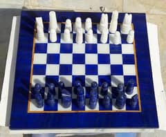 Natural Handmade Blue Lapis Lazuli & Marble Chessboard With 32 Players