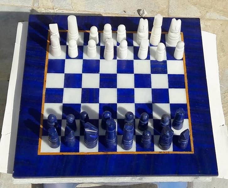 Natural Handmade Blue Lapis Lazuli & Marble Chessboard With 32 Players 0